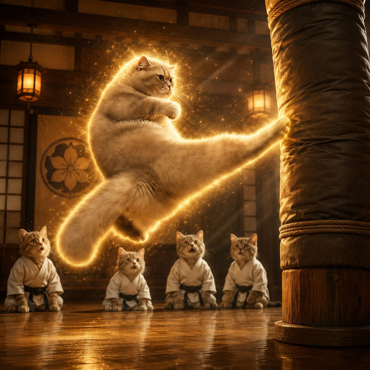 KAT kicking a dojo punching bag before four student cats